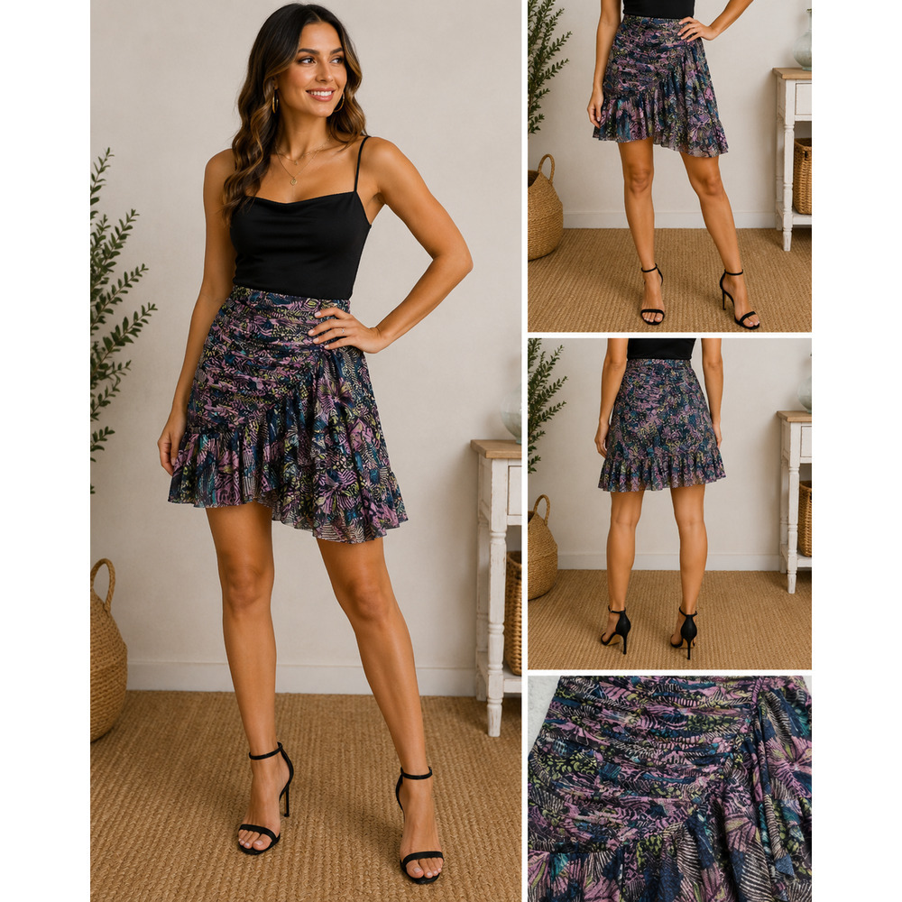 Anthropologie Mini Skirt Sz 14 Purple Abstract Tulle Ruched Ruffle Asymmetrical
